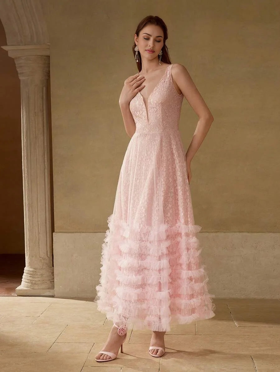 PREMIUM LACE MESH PANEL LAYERED RUFFLE HEM COCKTAIL DRESS