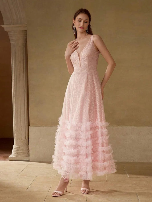 PREMIUM LACE MESH PANEL LAYERED RUFFLE HEM COCKTAIL DRESS