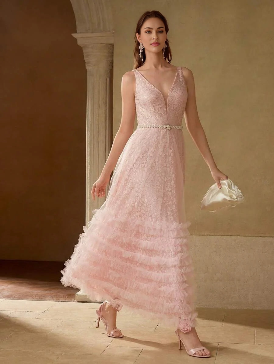 PREMIUM LACE MESH PANEL LAYERED RUFFLE HEM COCKTAIL DRESS