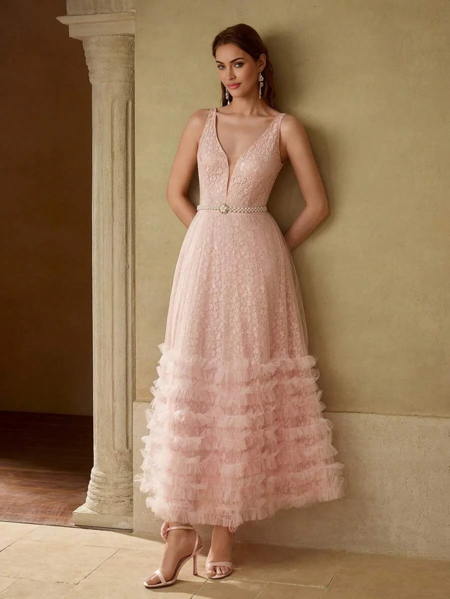 PREMIUM LACE MESH PANEL LAYERED RUFFLE HEM COCKTAIL DRESS