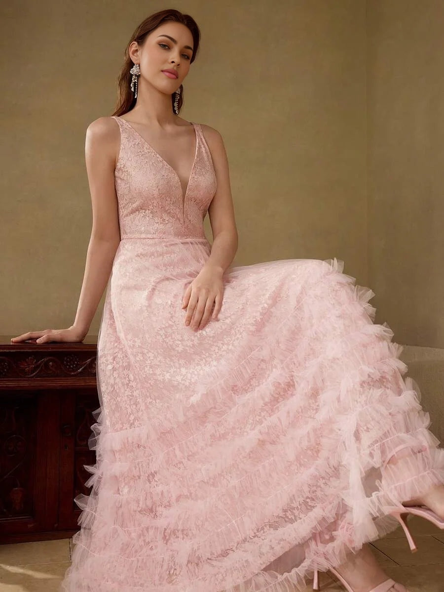 PREMIUM LACE MESH PANEL LAYERED RUFFLE HEM COCKTAIL DRESS