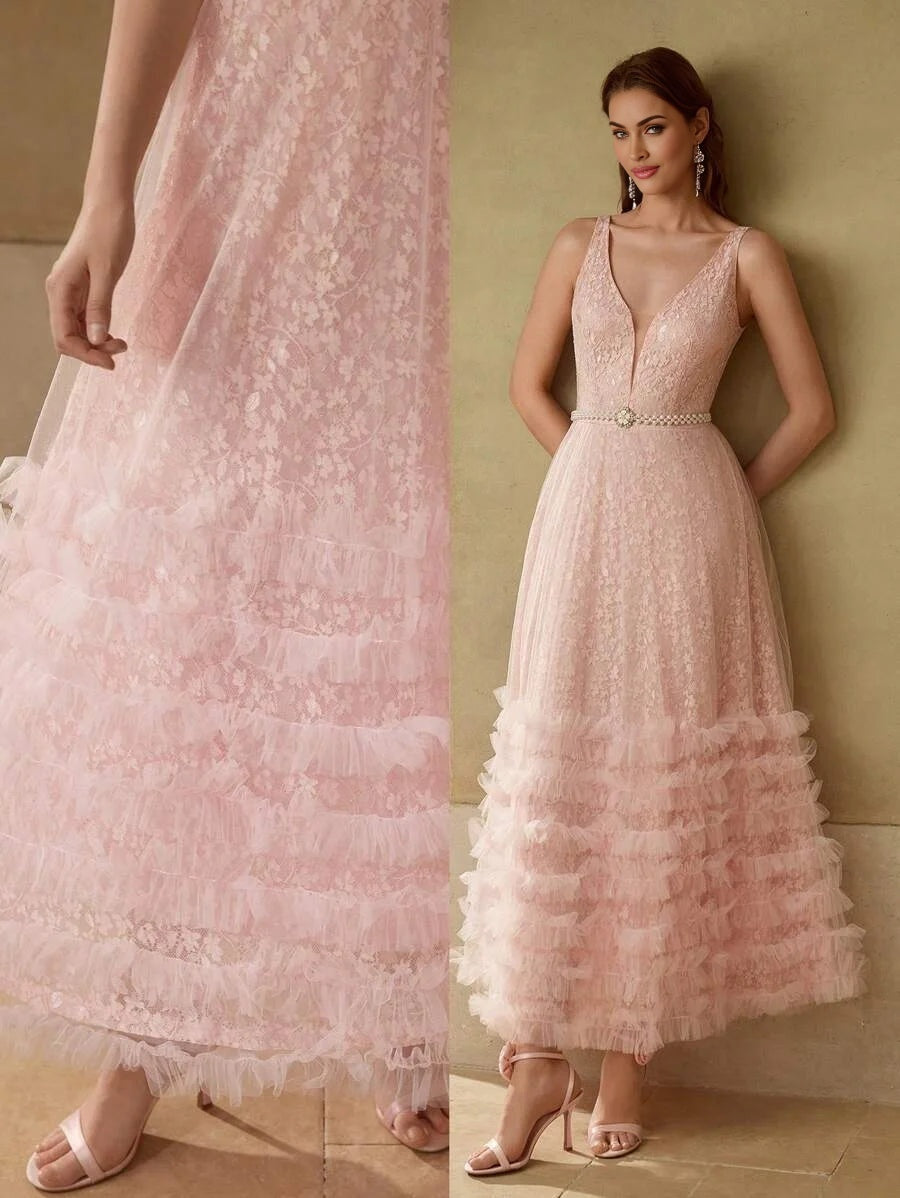 PREMIUM LACE MESH PANEL LAYERED RUFFLE HEM COCKTAIL DRESS