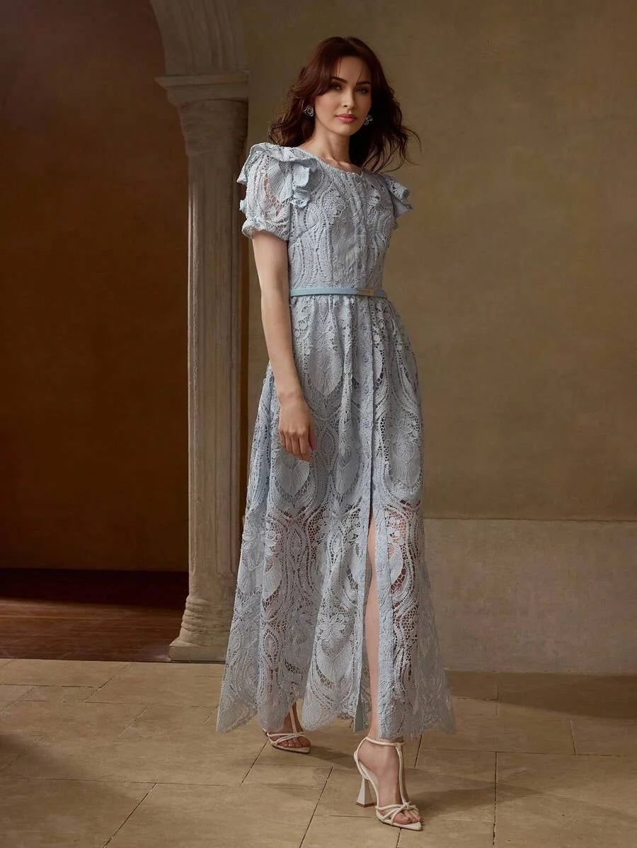 PREMIUM LACE OVERLAY BELTED RUFFLE TRIM DRESS WITH BELT