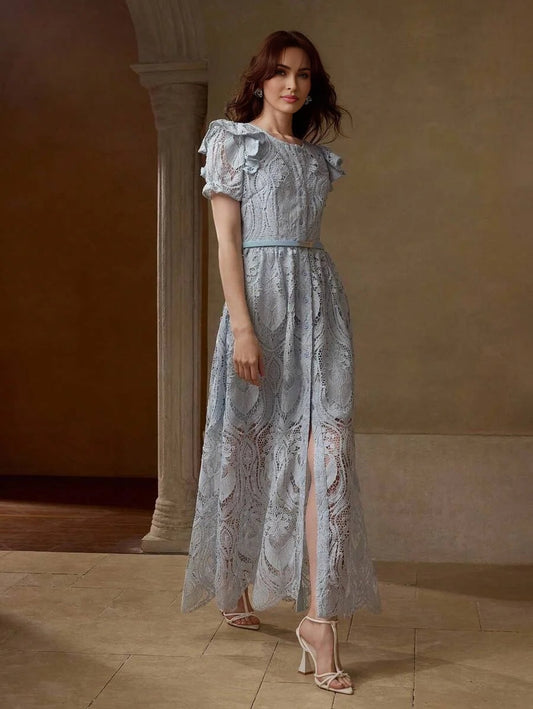 PREMIUM LACE OVERLAY BELTED RUFFLE TRIM DRESS WITH BELT