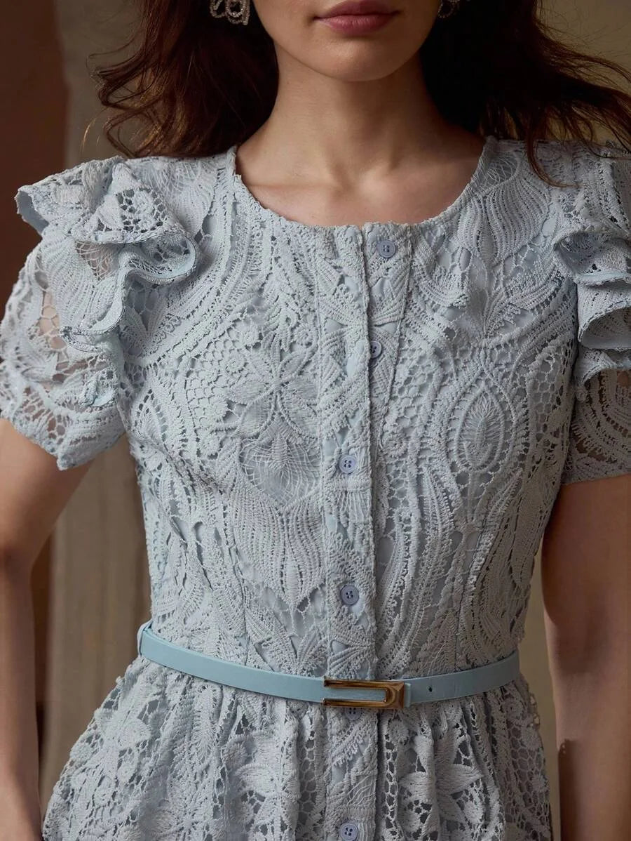 PREMIUM LACE OVERLAY BELTED RUFFLE TRIM DRESS WITH BELT