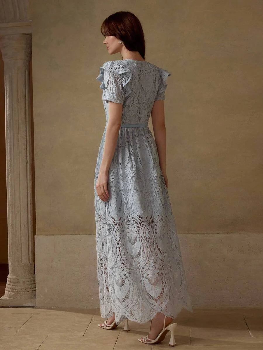 PREMIUM LACE OVERLAY BELTED RUFFLE TRIM DRESS WITH BELT