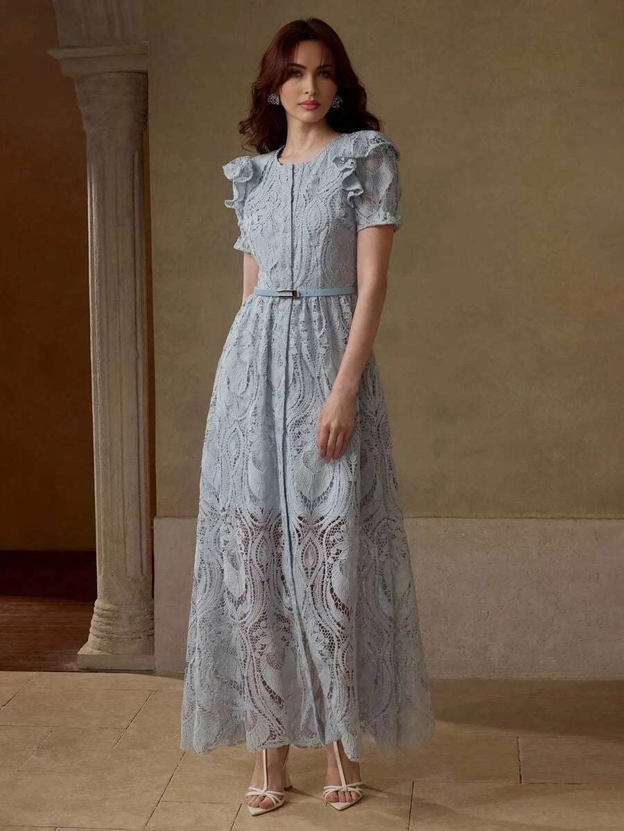 PREMIUM LACE OVERLAY BELTED RUFFLE TRIM DRESS WITH BELT