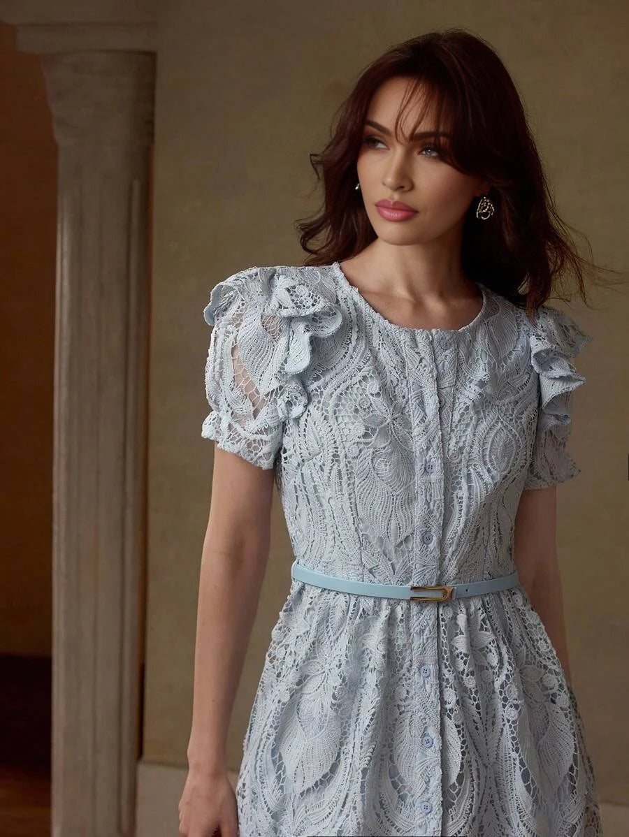 PREMIUM LACE OVERLAY BELTED RUFFLE TRIM DRESS WITH BELT