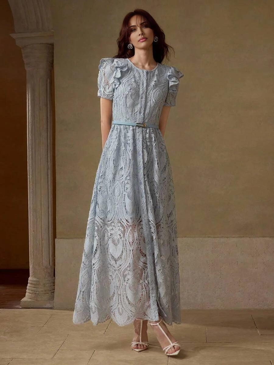 PREMIUM LACE OVERLAY BELTED RUFFLE TRIM DRESS WITH BELT