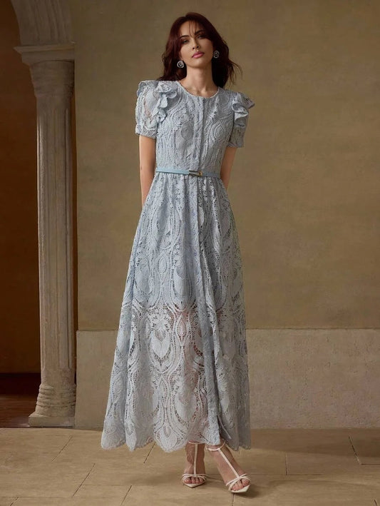 PREMIUM LACE OVERLAY BELTED RUFFLE TRIM DRESS WITH BELT