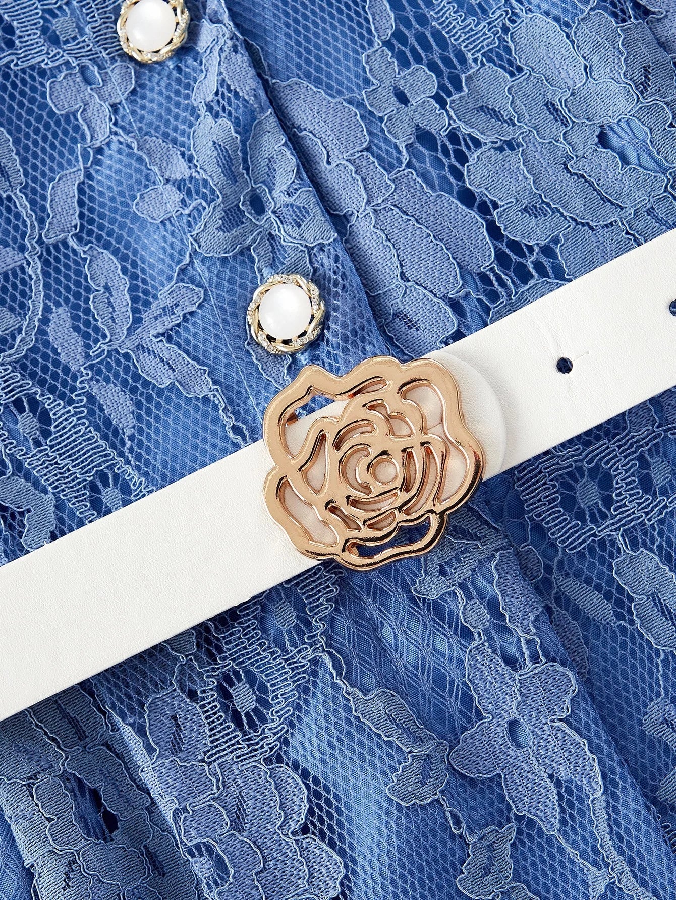 PREMIUM LACE OVERLAY BUCKLE BELTED BUTTON FRONT JUMPSUIT