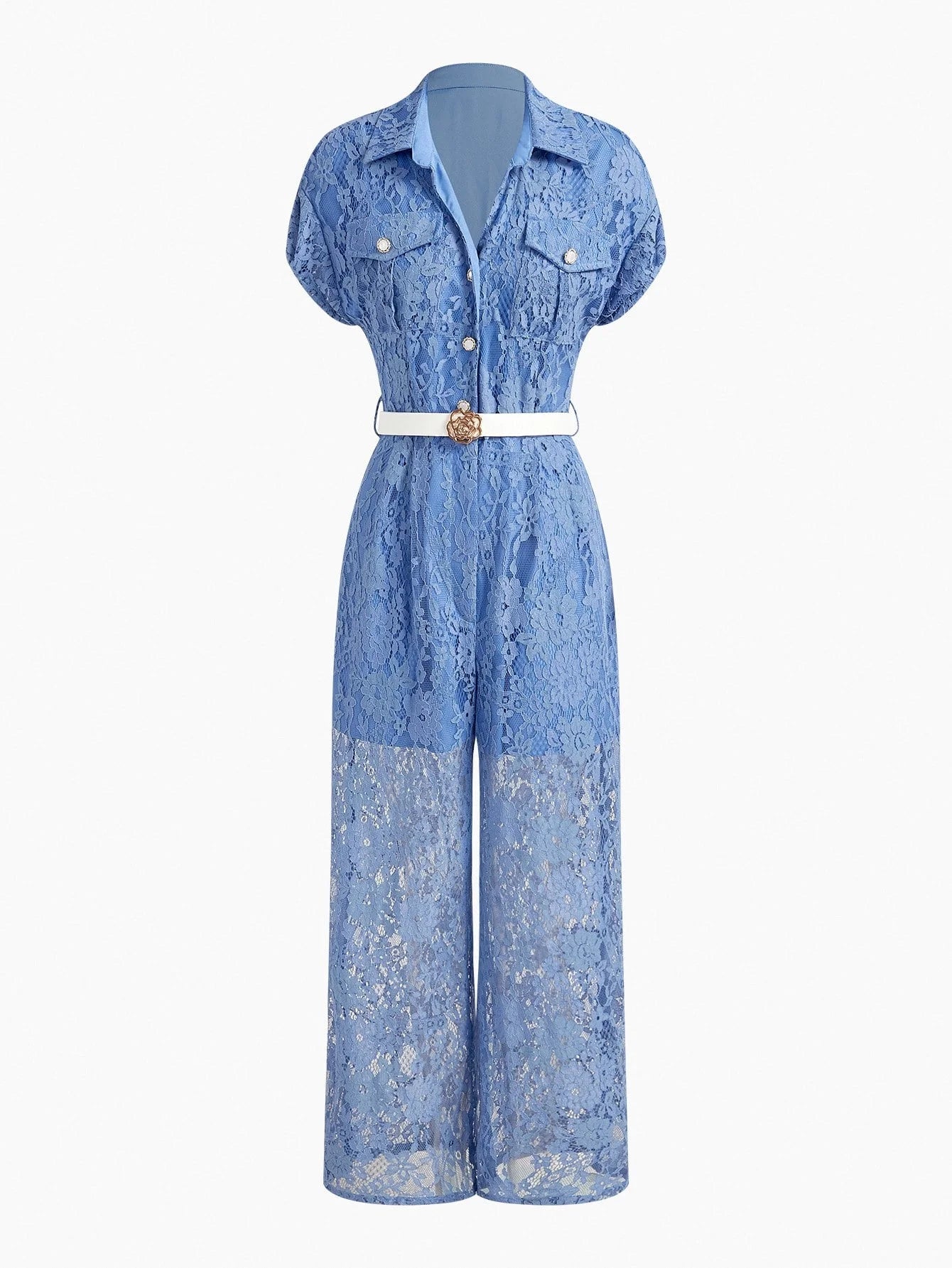 PREMIUM LACE OVERLAY BUCKLE BELTED BUTTON FRONT JUMPSUIT