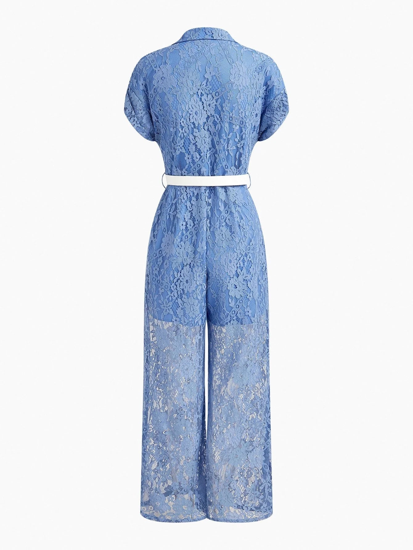 PREMIUM LACE OVERLAY BUCKLE BELTED BUTTON FRONT JUMPSUIT