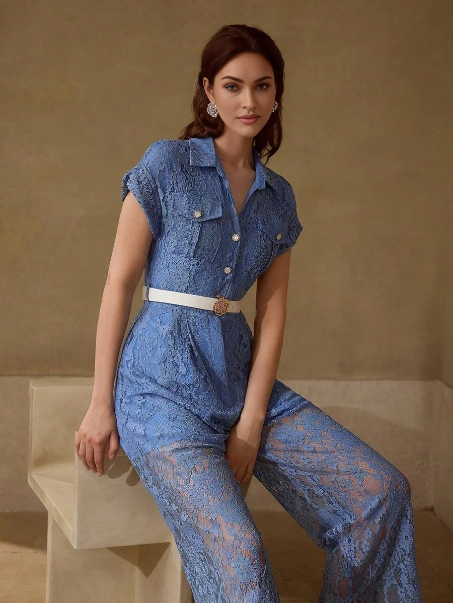 PREMIUM LACE OVERLAY BUCKLE BELTED BUTTON FRONT JUMPSUIT