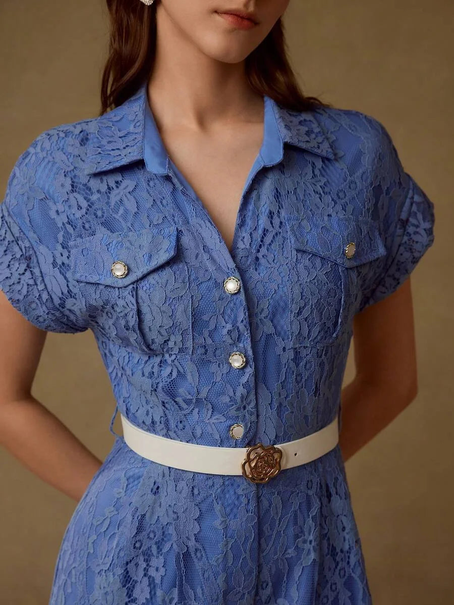 PREMIUM LACE OVERLAY BUCKLE BELTED BUTTON FRONT JUMPSUIT