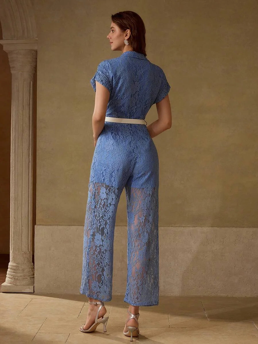 PREMIUM LACE OVERLAY BUCKLE BELTED BUTTON FRONT JUMPSUIT