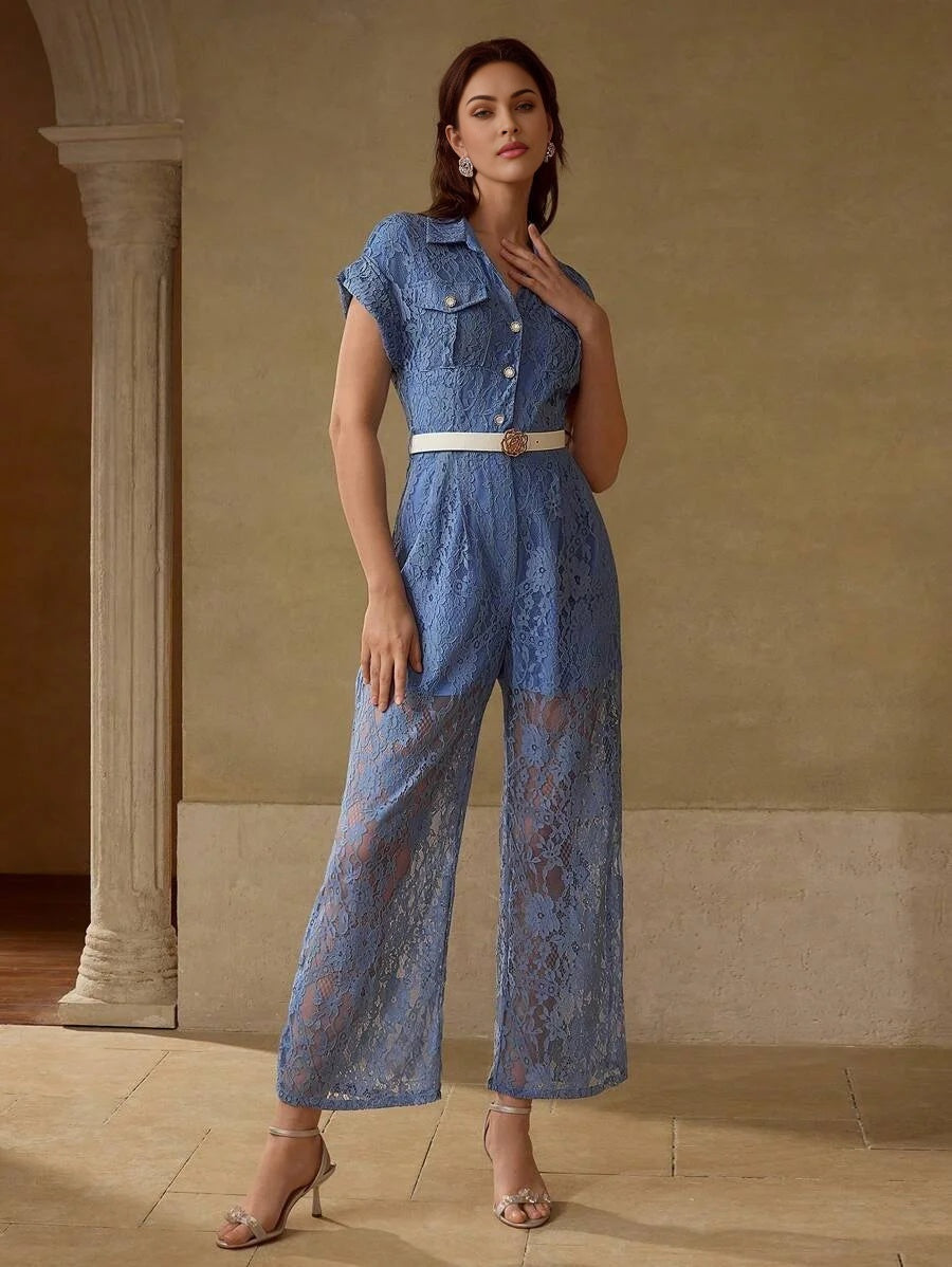 PREMIUM LACE OVERLAY BUCKLE BELTED BUTTON FRONT JUMPSUIT