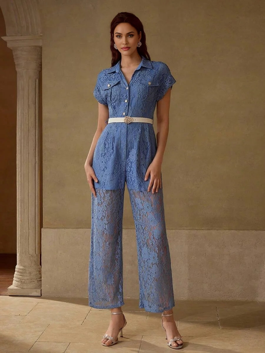 PREMIUM LACE OVERLAY BUCKLE BELTED BUTTON FRONT JUMPSUIT