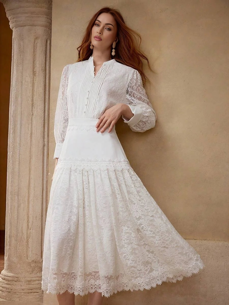 PREMIUM LACE PATCHWORK MIDLENGTH DRESS WITH BUTTON