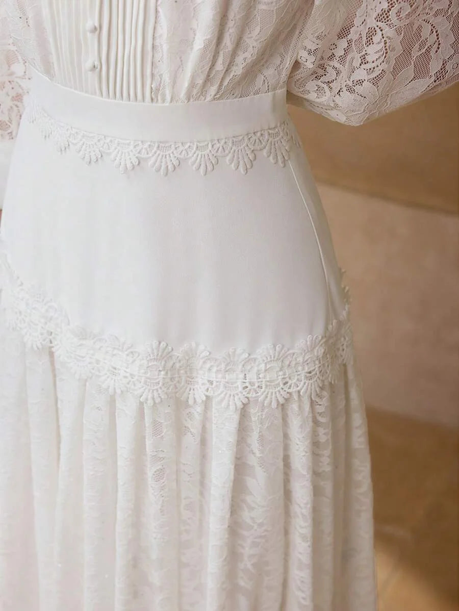 PREMIUM LACE PATCHWORK MIDLENGTH DRESS WITH BUTTON