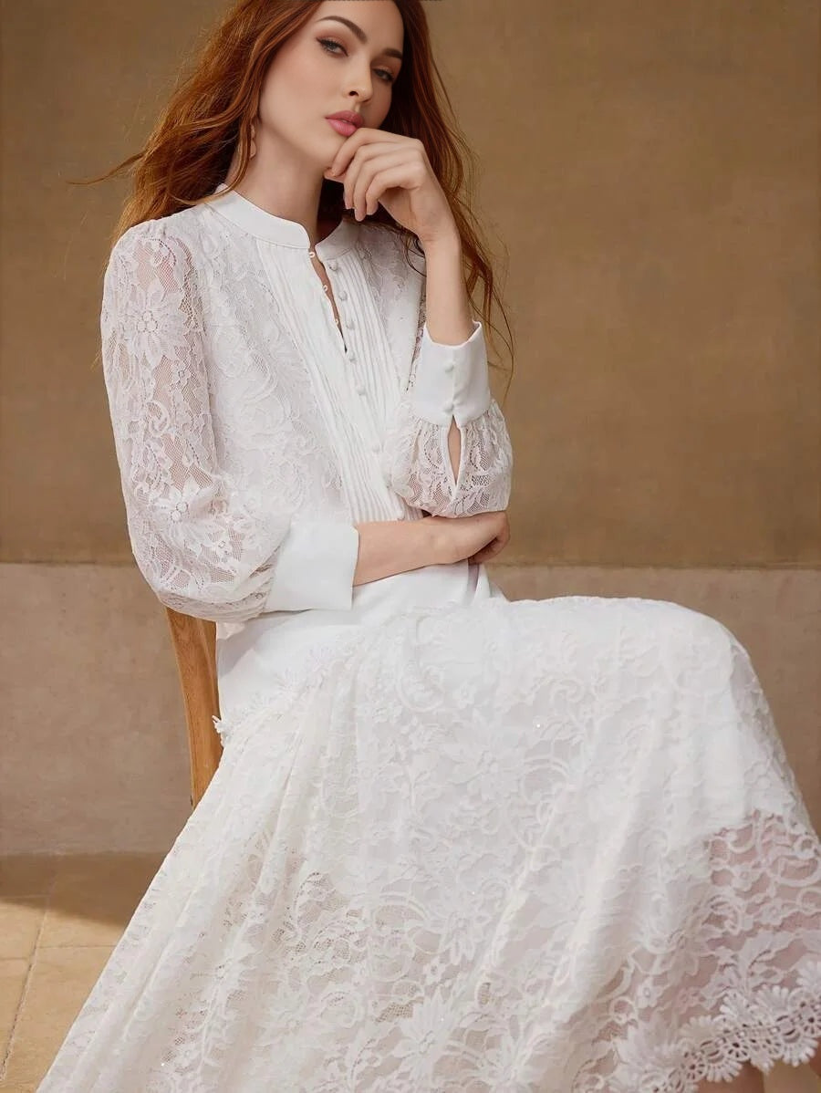 PREMIUM LACE PATCHWORK MIDLENGTH DRESS WITH BUTTON