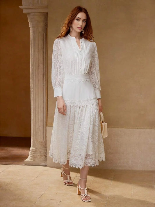 PREMIUM LACE PATCHWORK MIDLENGTH DRESS WITH BUTTON