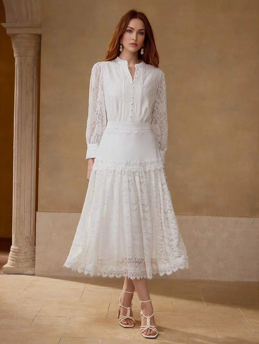 PREMIUM LACE PATCHWORK MIDLENGTH DRESS WITH BUTTON