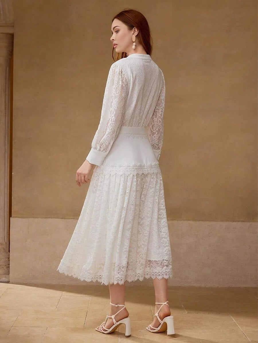 PREMIUM LACE PATCHWORK MIDLENGTH DRESS WITH BUTTON