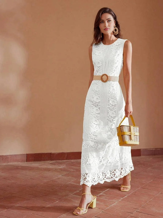 PREMIUM LACE RUFFLE HEM SLEEVELESS DRESS