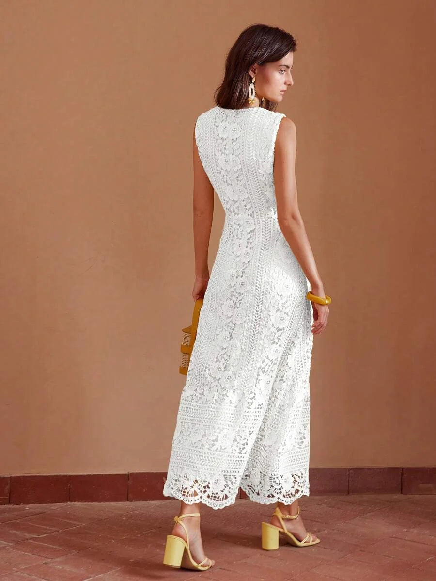 PREMIUM LACE RUFFLE HEM SLEEVELESS DRESS