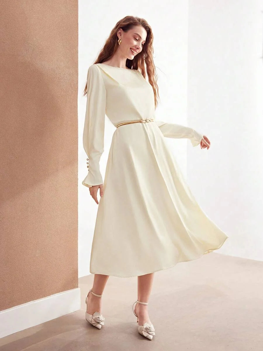 PREMIUM LADIES SOLID COLOR RUFFLED SLEEVE DRESSSUMMER OUTFITS