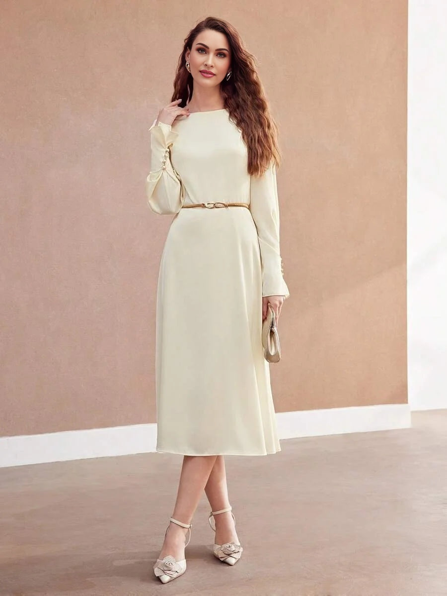 PREMIUM LADIES SOLID COLOR RUFFLED SLEEVE DRESSSUMMER OUTFITS