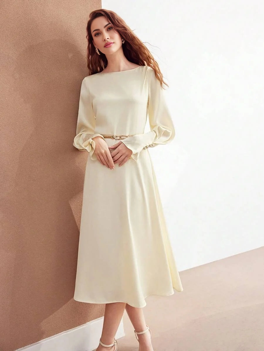 PREMIUM LADIES SOLID COLOR RUFFLED SLEEVE DRESSSUMMER OUTFITS