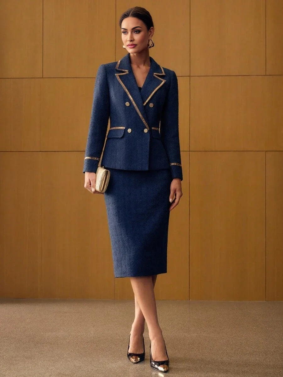 PREMIUM LAPEL COLLAR CONTRAST TRIM DOUBLE BREASTED BLAZER