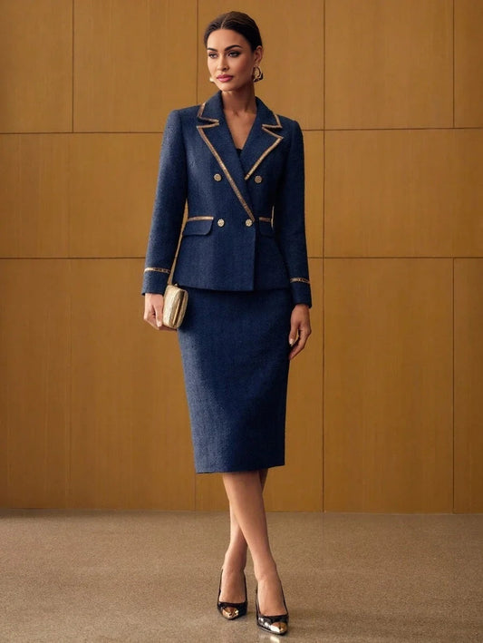 PREMIUM LAPEL COLLAR CONTRAST TRIM DOUBLE BREASTED BLAZER