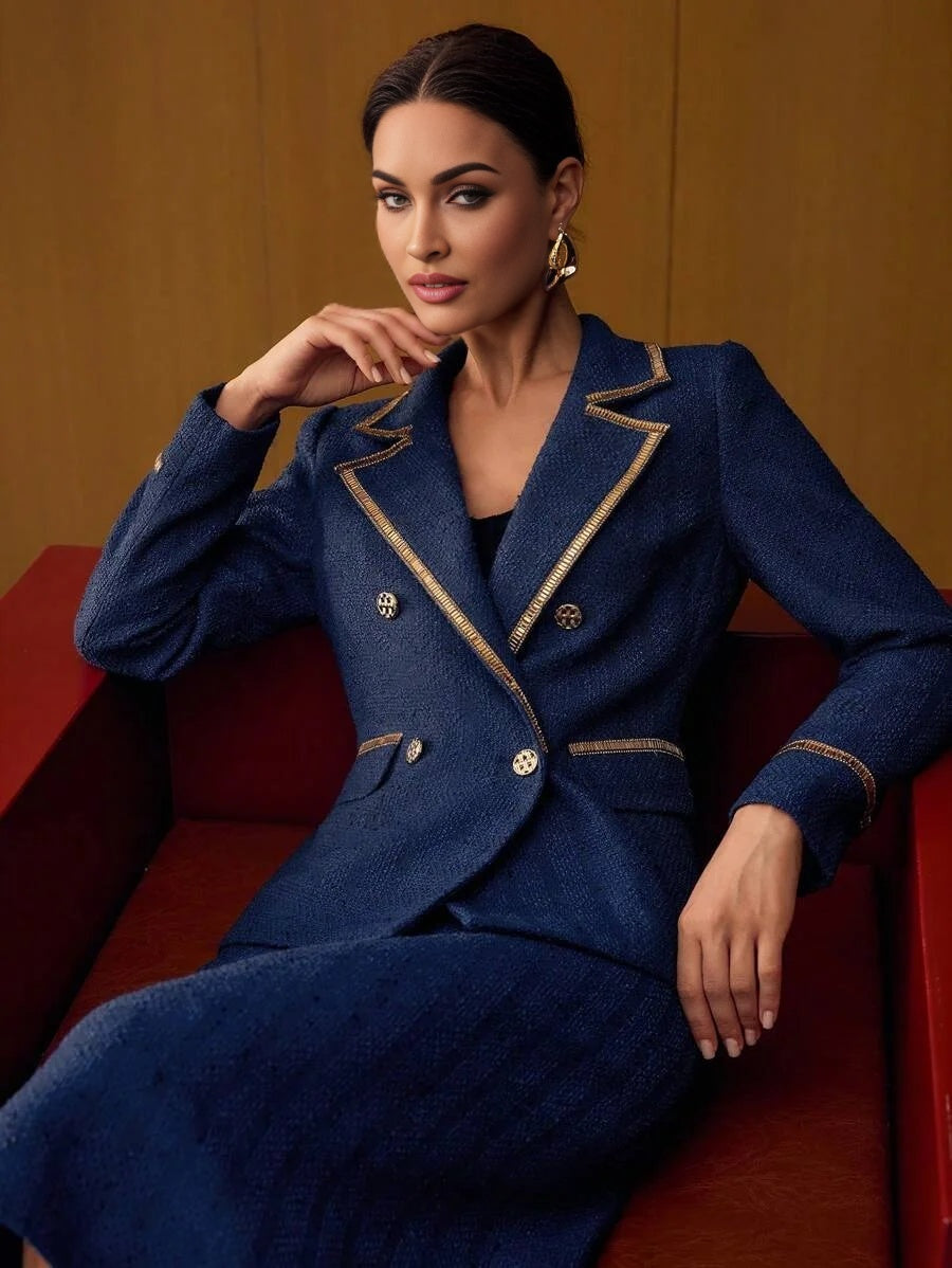 PREMIUM LAPEL COLLAR CONTRAST TRIM DOUBLE BREASTED BLAZER