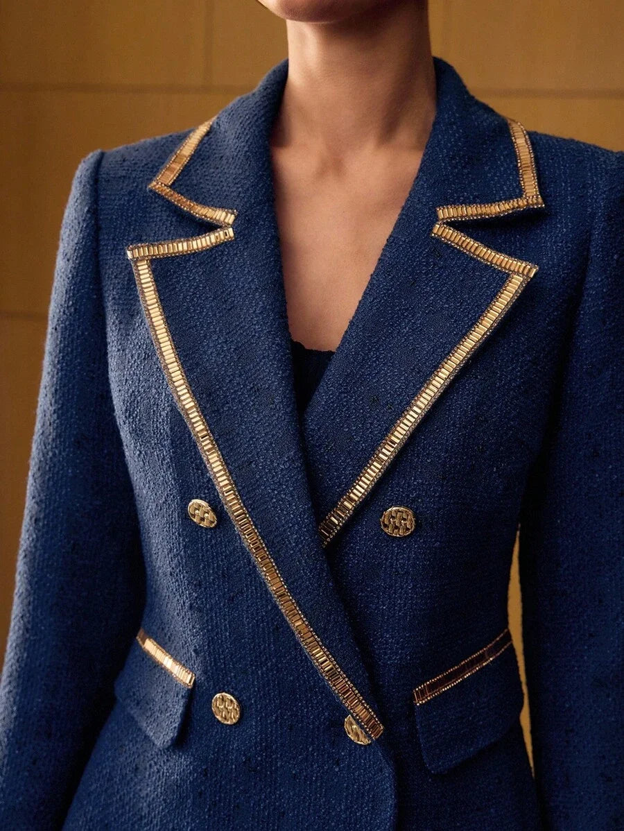 PREMIUM LAPEL COLLAR CONTRAST TRIM DOUBLE BREASTED BLAZER