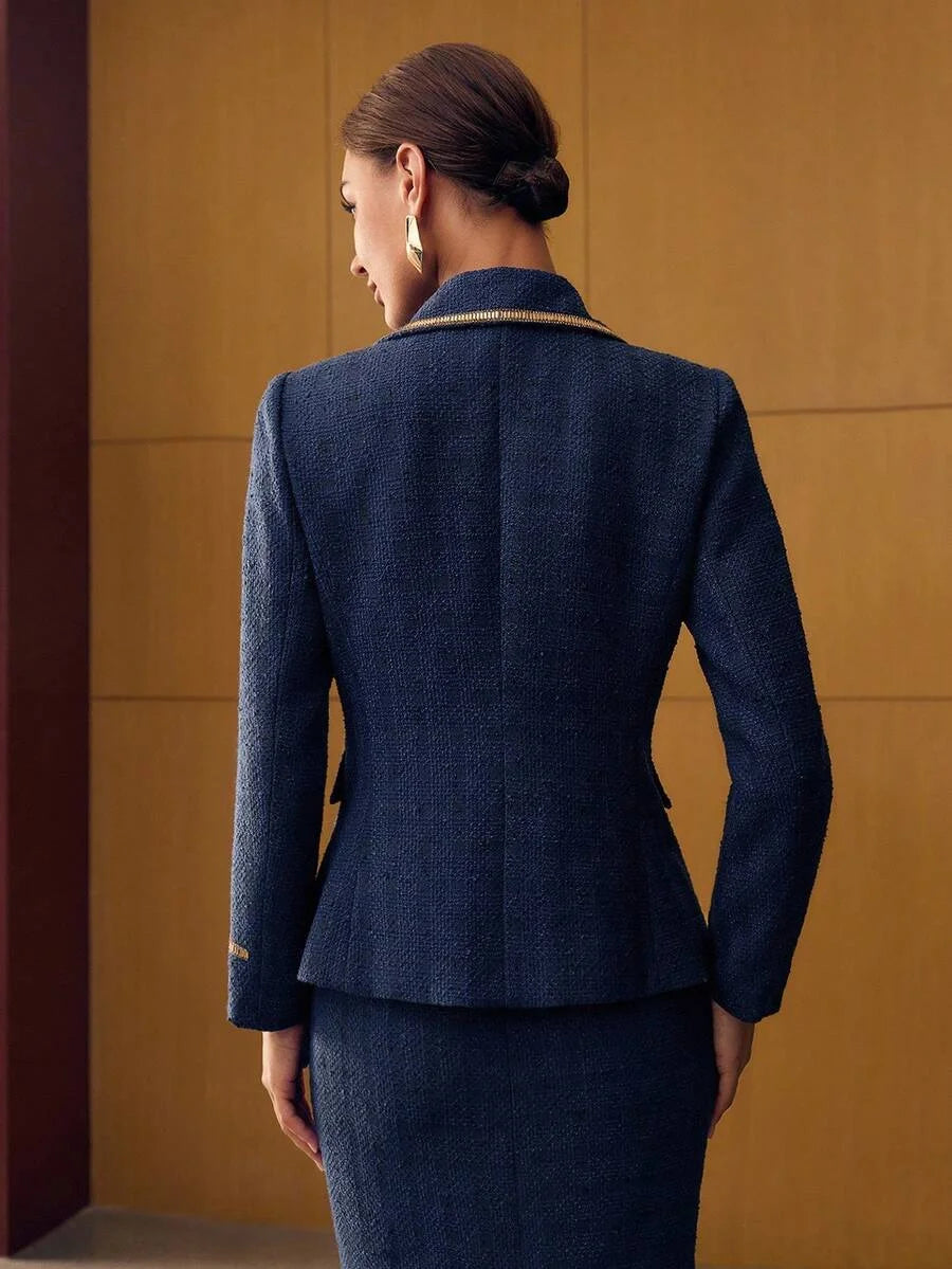 PREMIUM LAPEL COLLAR CONTRAST TRIM DOUBLE BREASTED BLAZER