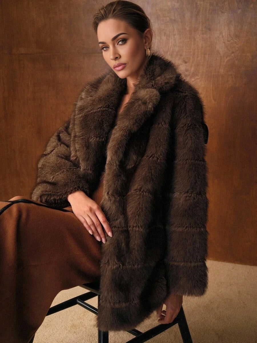PREMIUM LAPEL COLLAR LONG SLEEVE FAUX FUR COAT