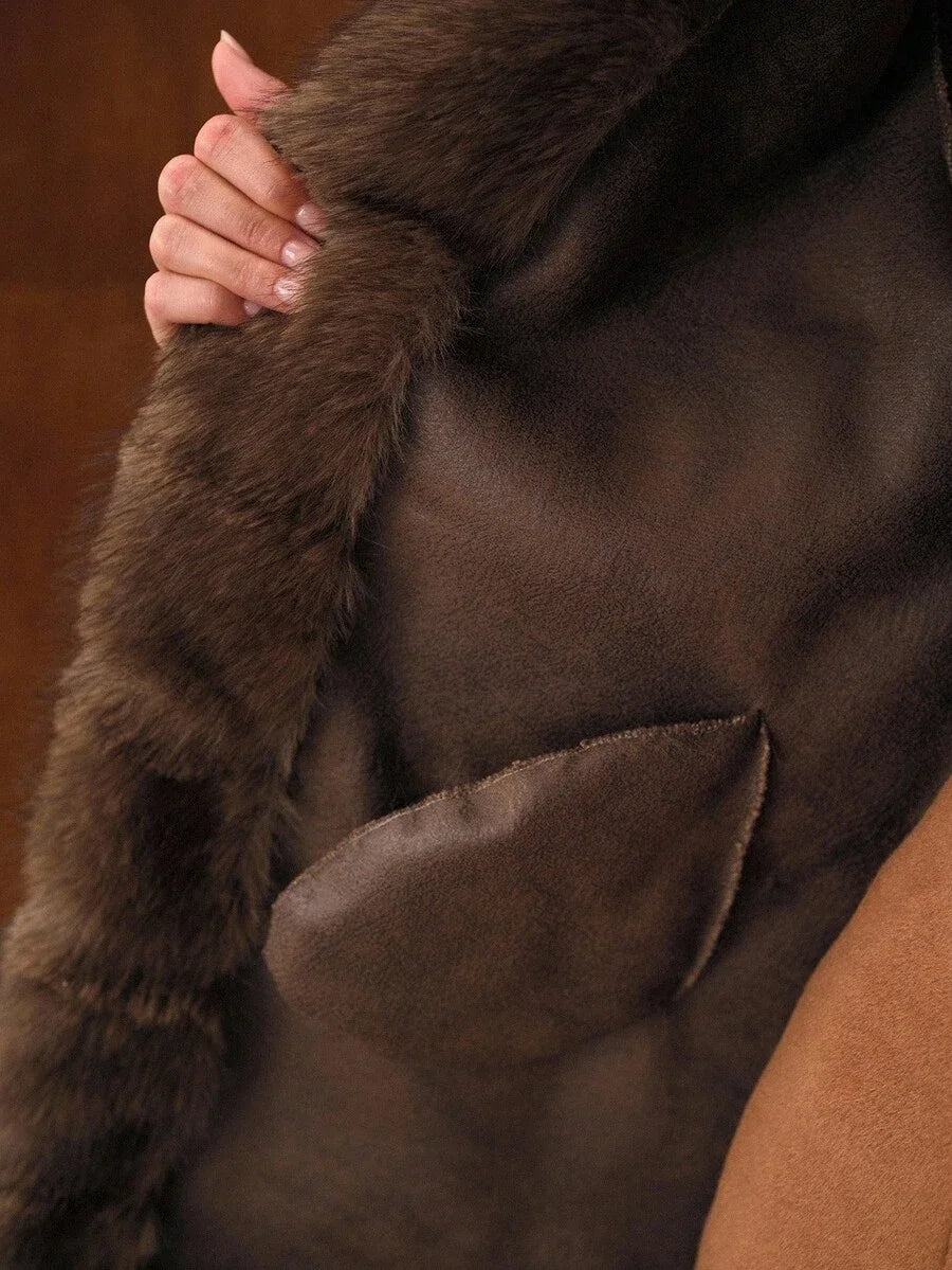 PREMIUM LAPEL COLLAR LONG SLEEVE FAUX FUR COAT
