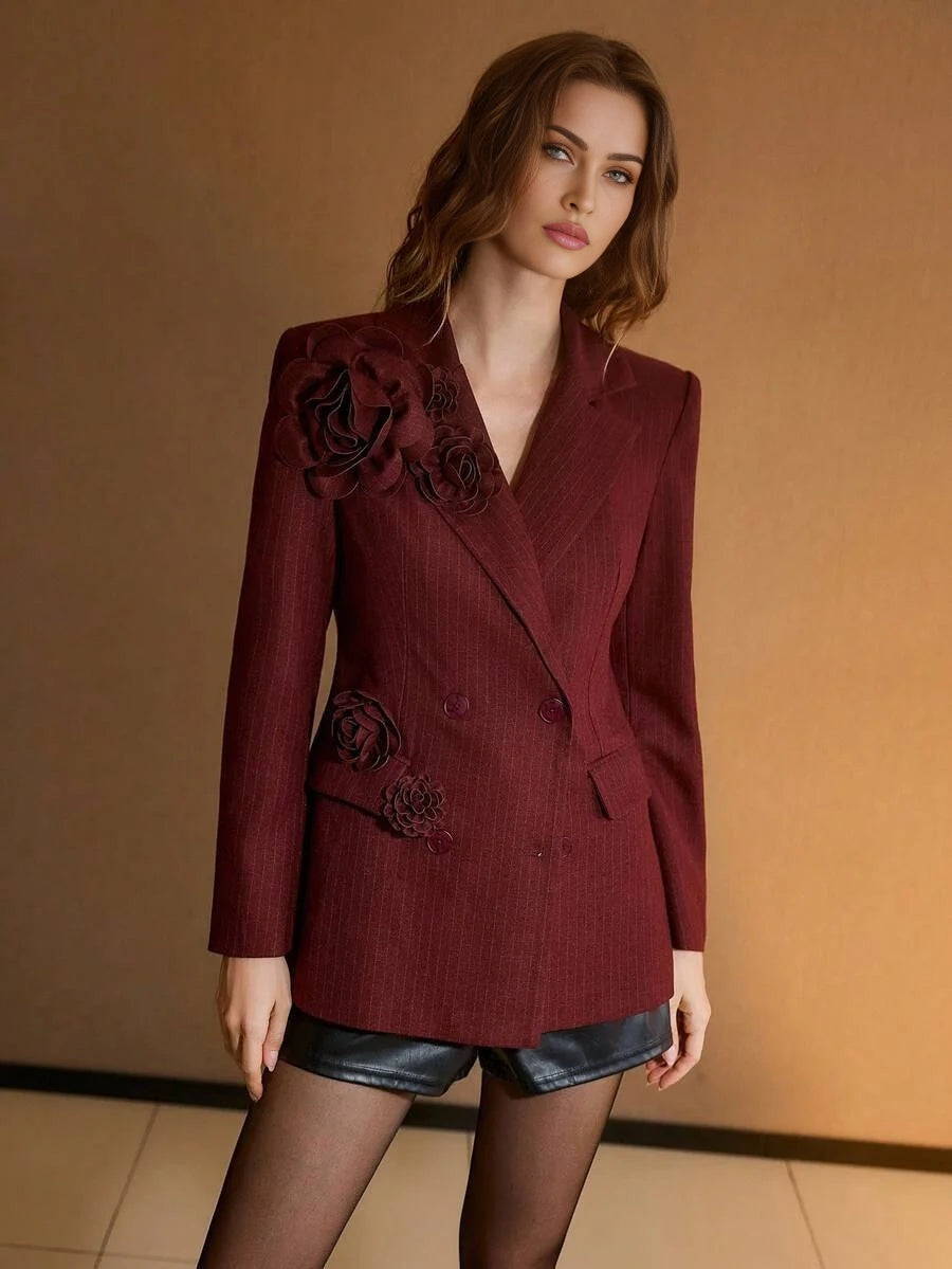 PREMIUM LAPEL COLLAR STRIPED 3D FLORAL DECOR BLAZER