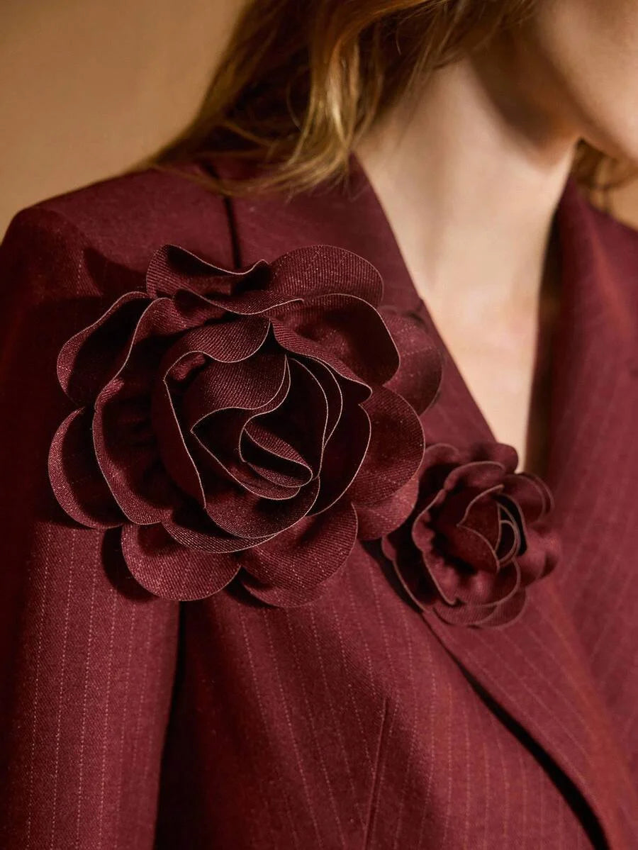 PREMIUM LAPEL COLLAR STRIPED 3D FLORAL DECOR BLAZER