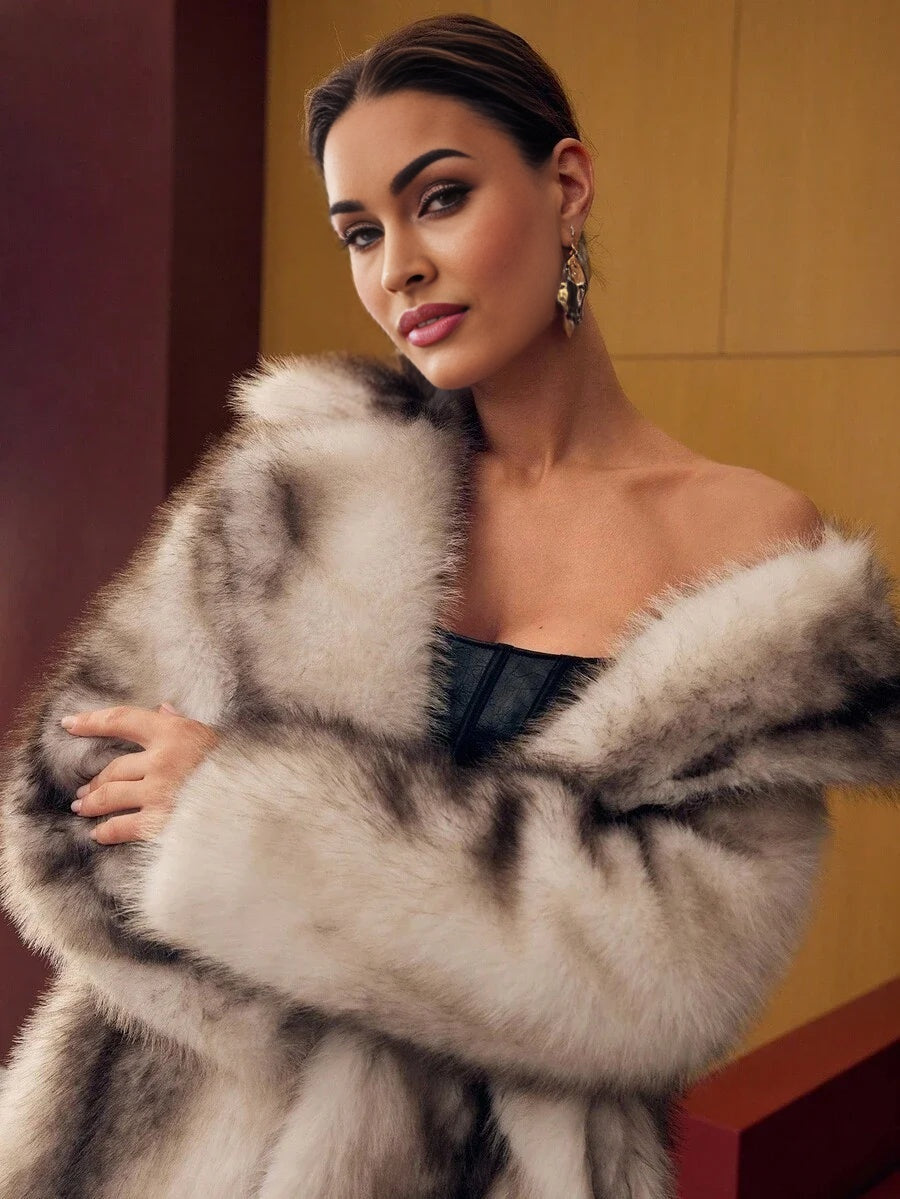 PREMIUM LAPEL COLORBLOCK FAUX FUR COAT