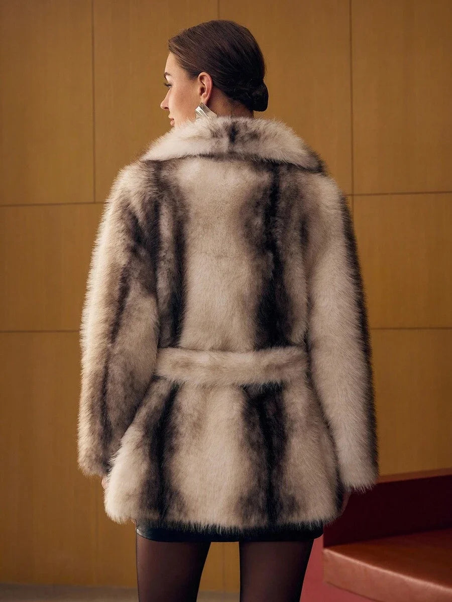 PREMIUM LAPEL COLORBLOCK FAUX FUR COAT