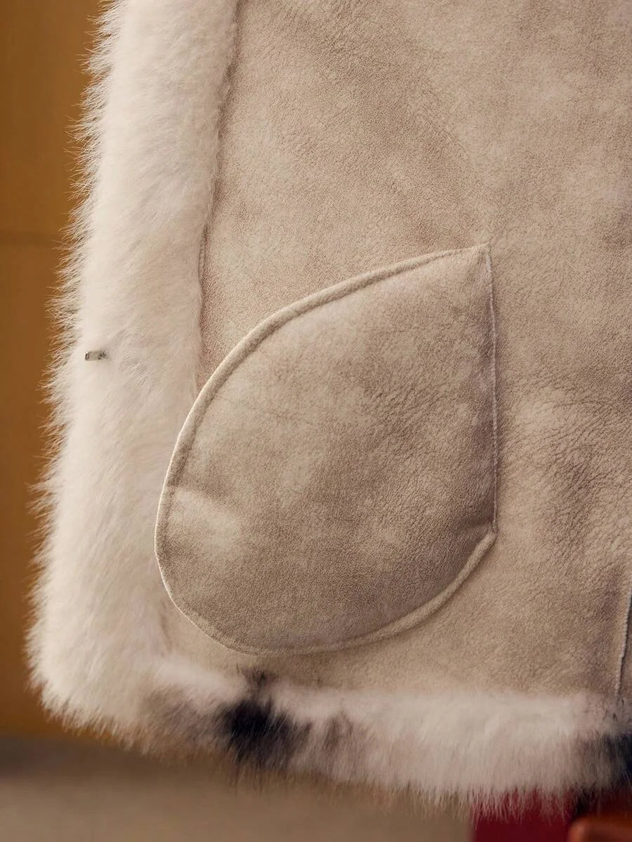 PREMIUM LAPEL COLORBLOCK FAUX FUR COAT