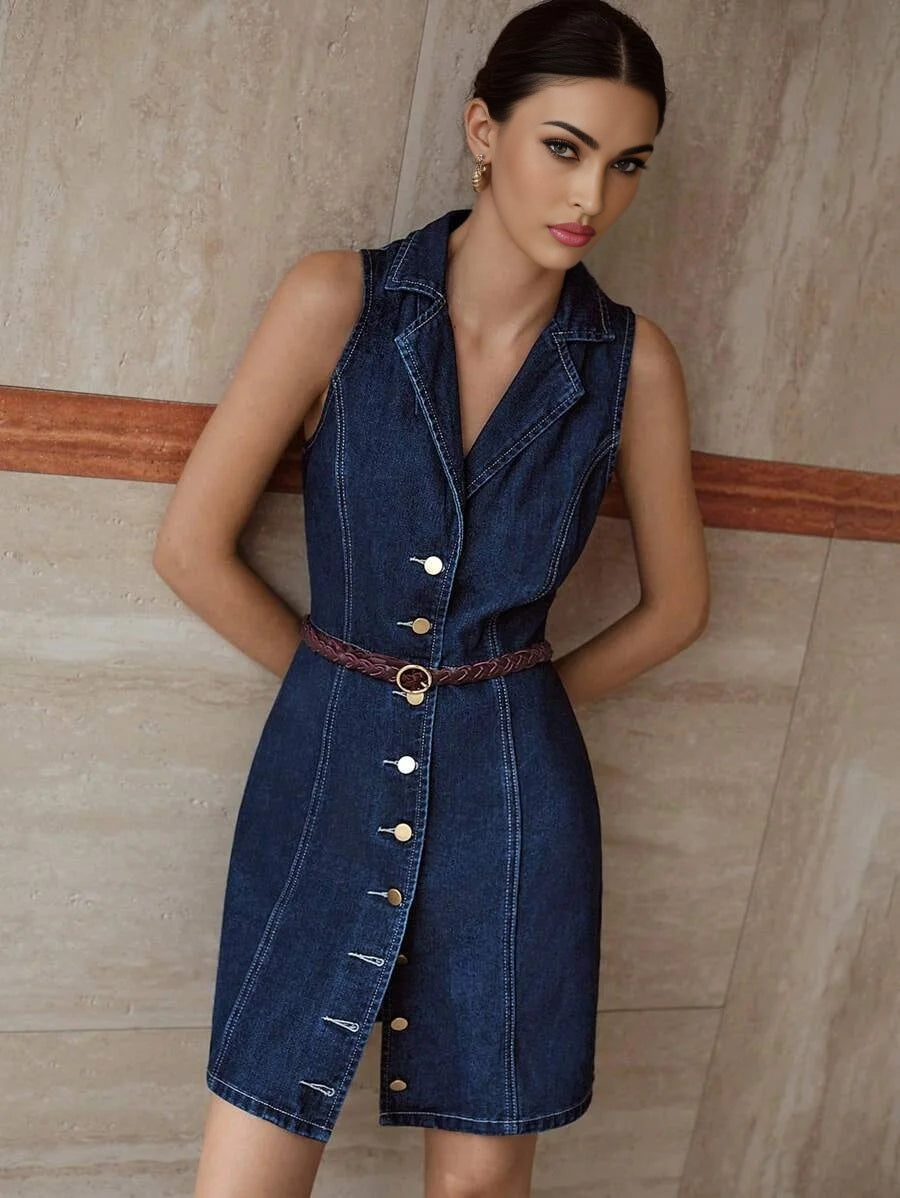 PREMIUM LAPEL SINGLEBREASTED SLEEVELESS DENIM DRESS