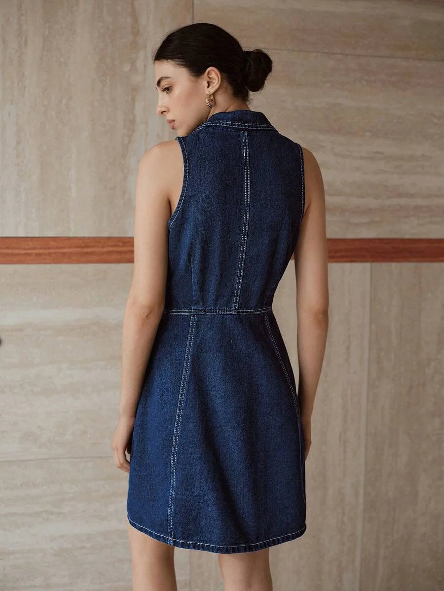 PREMIUM LAPEL SINGLEBREASTED SLEEVELESS DENIM DRESS