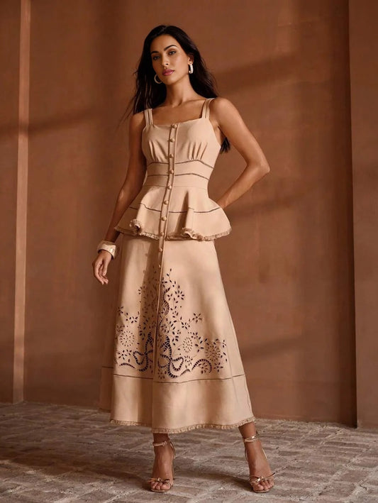 PREMIUM LASER CUT PEPLUM WAIST RAW EDGE MIDI DRESS