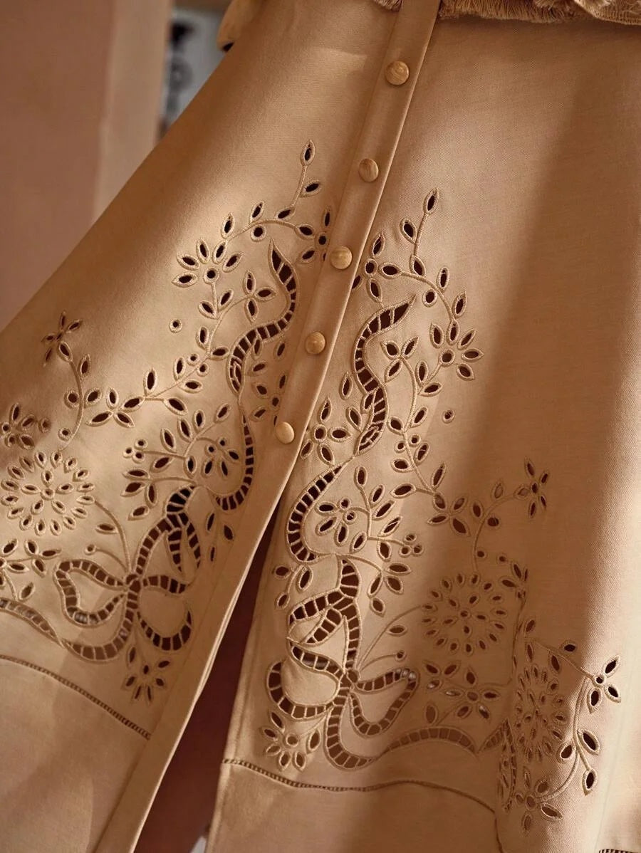 PREMIUM LASER CUT PEPLUM WAIST RAW EDGE MIDI DRESS