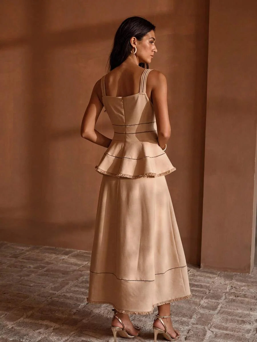 PREMIUM LASER CUT PEPLUM WAIST RAW EDGE MIDI DRESS